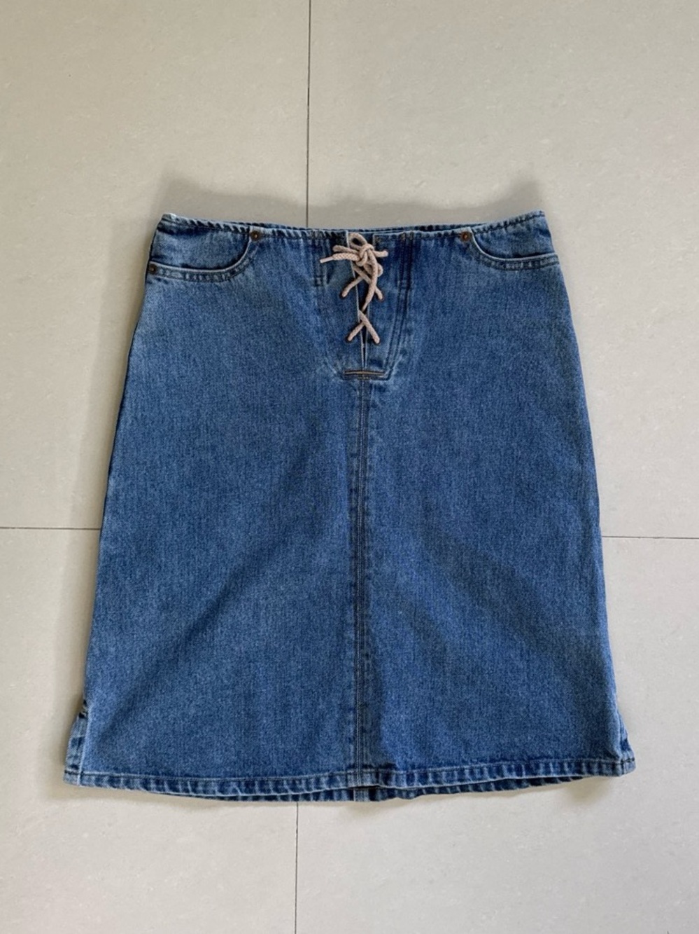 GAP Blue Denim Pencil Skirt with Lace-Up Front and Embroidered Star Back